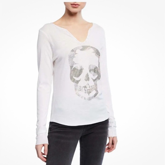 Zadig & Voltaire Tunisian Beaded Skull Henley T-shirt - Picture 1 of 8